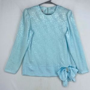 Boston Maid Womens Size 12 Vintage Blouse Light Blue Floral Bow Crystal Detail